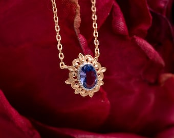 Vintage Style Tanzanite Necklace, Gold Blue Crystal Victorian Pendant, Sterling Silver Dainty Gemstone Charm Birthday Gift for Grandma/Mom