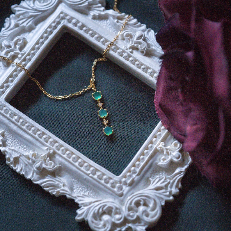 Emerald Minimalist Necklace-Vertical Stick 3 Stone Crystal Necklace-Genuine Gemstone Healing Pendant Charm-Birthstone Statement Necklace image 1