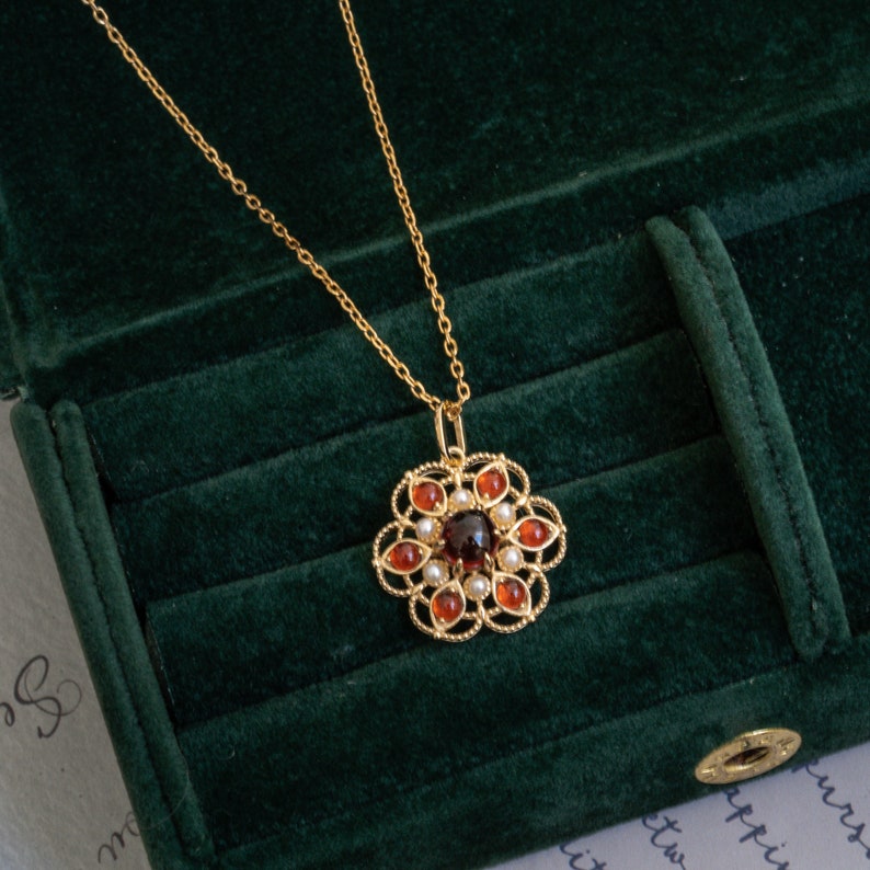 Red Garnet Pearl Necklace,Dainty Gemstone Flower Pendant,Delicate January Birthstone Flora Vintage Charm, Crystal Anniversary Birthday Gift image 3