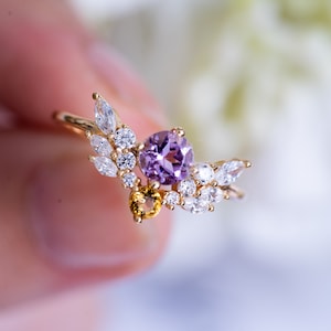 Crystal Bee Ring-Citrine Amethyst Angel Wing Ring-Unique Gemstone Large Cocktail Ring-Birthday Anniversary Gift-Birthstone Statement Ring