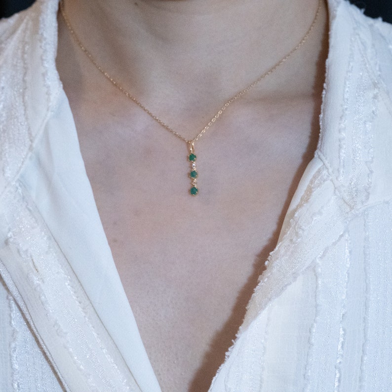 Emerald Minimalist Necklace-Vertical Stick 3 Stone Crystal Necklace-Genuine Gemstone Healing Pendant Charm-Birthstone Statement Necklace image 3