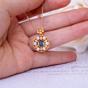 Delicate Blue Topaz Pearl Necklace-Vintage Style Versallies Gemstone Disc Pendant-Carved Crystal Charm Gold Vermeil Anniversary Gift image 7