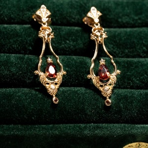 Red Garnet Stud Earrings, Elegant Dainty Small Long Teardrop Crystal Studs,Art Deco Gemstone Party Cocktail Earring for Women Vintage Style image 8