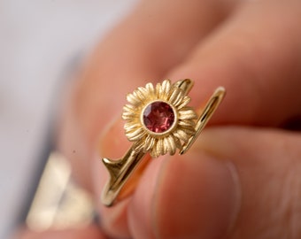 Red Garnet Sunflower Ring-Gold Vermeil Adjustable Ring-Dainty Flora Open Ring-Statement Ring-Bridal Best Friend Gift-Delicate Promise Ring