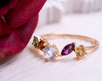 Multi Crystal Moonstone Ring, Dainty Gemstone Rainbow Ring,Moonstone Citrine Peridot Amethyst Garnet Five Stone,14k Gold Blue Moonstone Gift