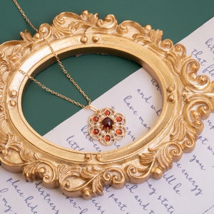Red Garnet Pearl Necklace,Dainty Gemstone Flower Pendant,Delicate January Birthstone Flora Vintage Charm, Crystal Anniversary Birthday Gift image 5