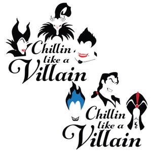 Pu&ograve; includere: Design in silhouette in bianco e nero con cattivi Disney con il testo "Chillin' like a Villain" ripetuto due volte.