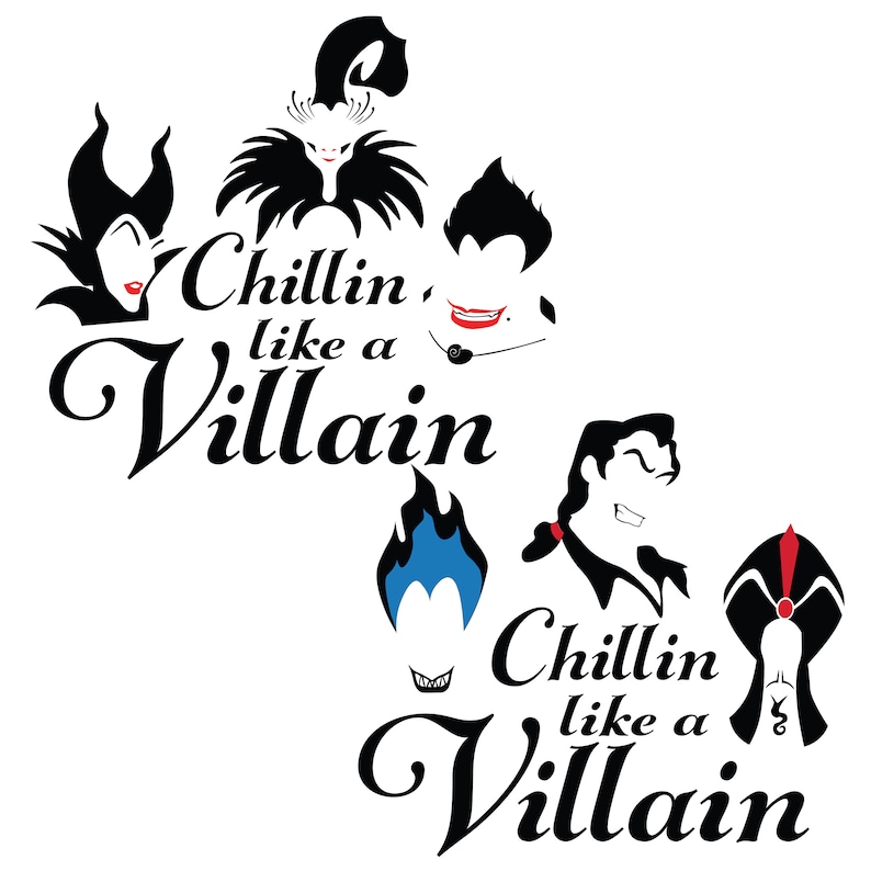 Pu&ograve; includere: Design in silhouette in bianco e nero con cattivi Disney con il testo "Chillin' like a Villain" ripetuto due volte.