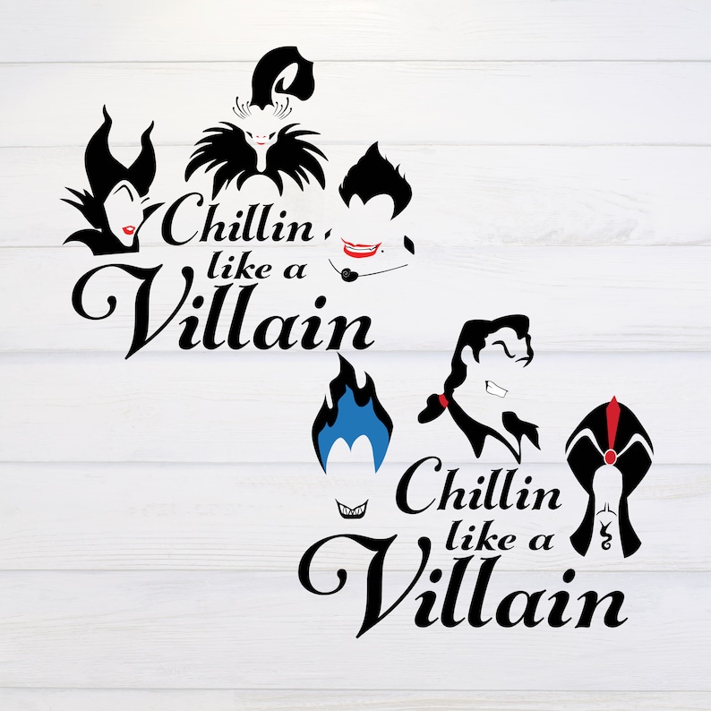 Pu&ograve; includere: Design in silhouette in bianco e nero con cattivi Disney con il testo "Chillin' like a Villain" ripetuto due volte. I cattivi includono Malefica, Ursula, Crudelia De Mon, Jafar, Gaston e la Regina Cattiva.