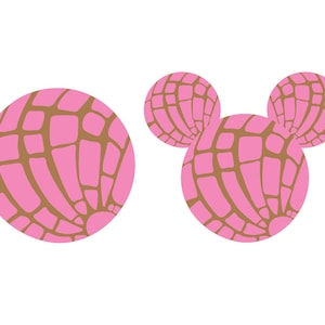 May include: Three pink and brown concha pastries, a traditional Mexican sweet bread, arranged in a Mickey Mouse shape.