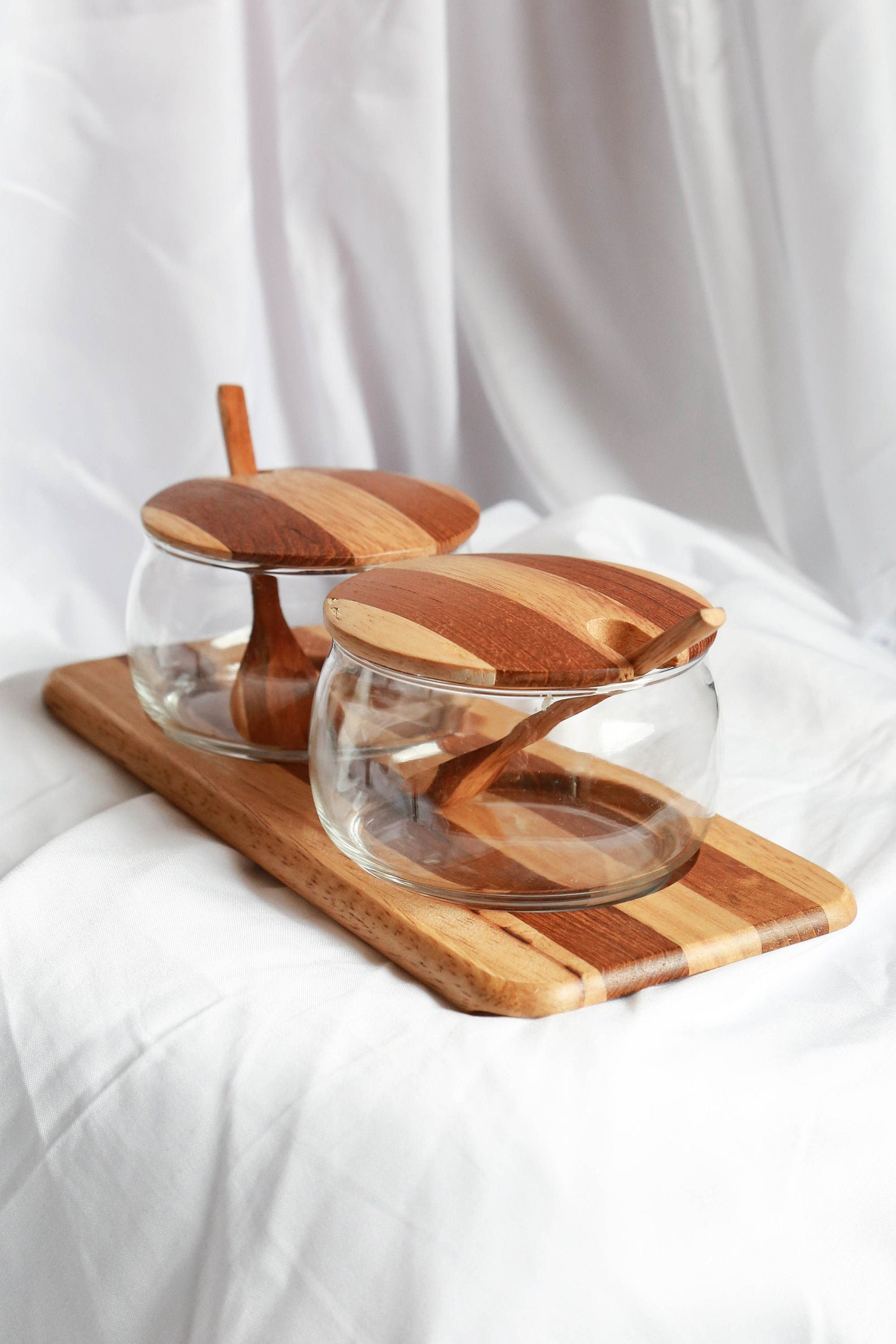 Mid Century Style PiecedWood Condiment Tray With Glass Bowls Etsy