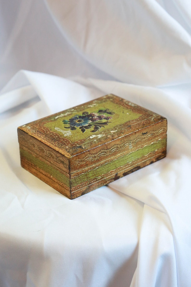 Gold Box Made In Italy Trinket Box Green Jewelry Box Midcentury Italy Italian Art Vintage Italian Florentine Wooden Green