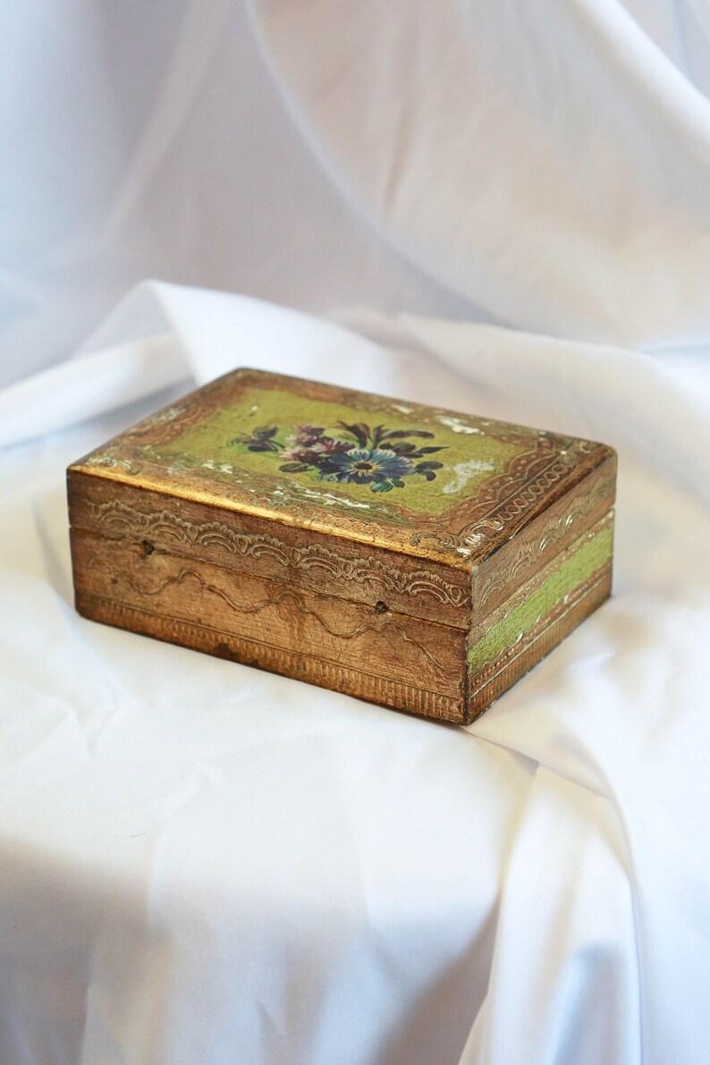 Gold Box Made In Italy Trinket Box Green Jewelry Box Midcentury Italy Italian Art Vintage Italian Florentine Wooden Green