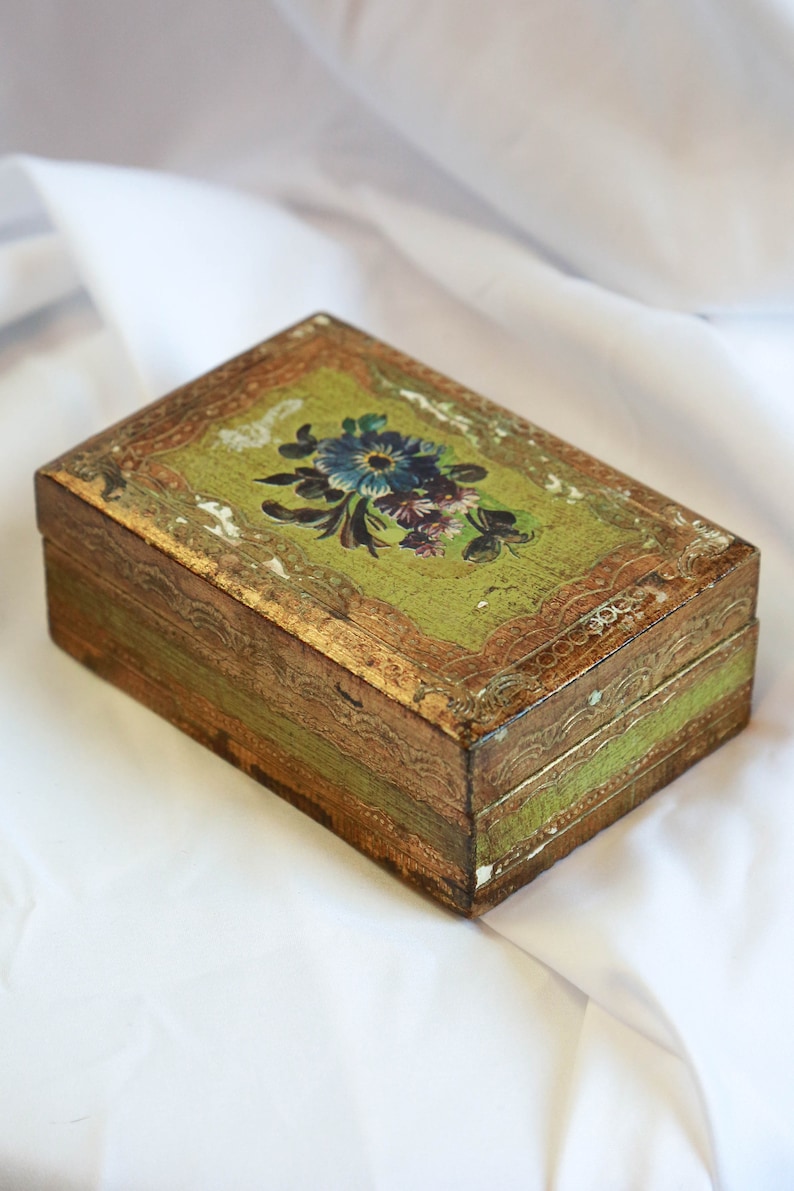 Gold Box Made In Italy Trinket Box Green Jewelry Box Midcentury Italy Italian Art Vintage Italian Florentine Wooden Green