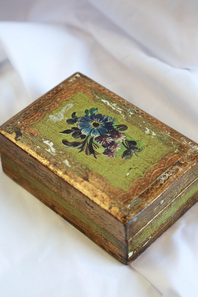 Gold Box Made In Italy Trinket Box Green Jewelry Box Midcentury Italy Italian Art Vintage Italian Florentine Wooden Green