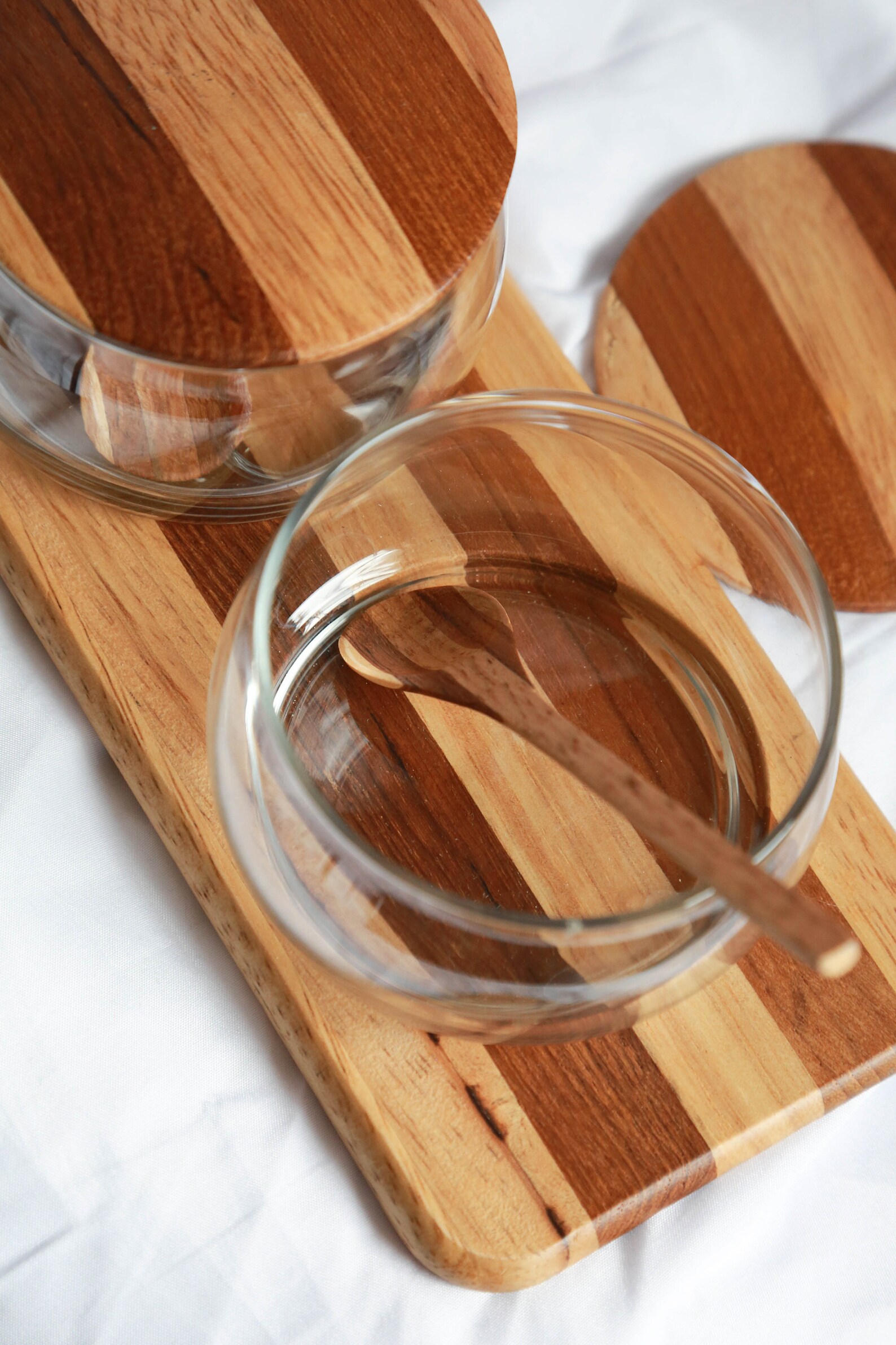 Mid Century Style PiecedWood Condiment Tray With Glass Bowls Etsy