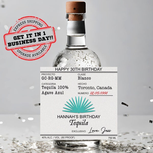 Custom Birthday Tequila Label * Personalized Birthday Gift * 30th Birthday Gift Idea * 21st Birthday * Party Favors * Mini Tequila Labels *