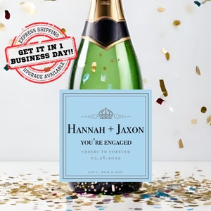 Custom Engagement Champagne Label | Personalized Engagement Gift for Couple | Blue Custom Champagne Label