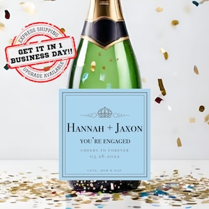 Custom Engagement Champagne Label | Personalized Engagement Gift for Couple | Blue Custom Champagne Label