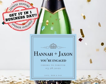 Custom Engagement Champagne Label | Personalized Engagement Gift for Couple | Blue Custom Champagne Label