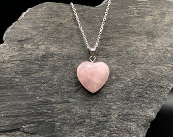 High grade rose quartz Crystal heart necklace (love stone). Silver plated cable chain. cute gift idea