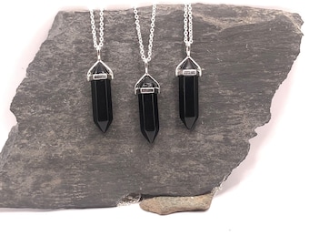 Obsidian black crystal pendant. Silver chain, genuine crystal, free UK delivery! crystal point necklace, wand, shard, stainless steel.