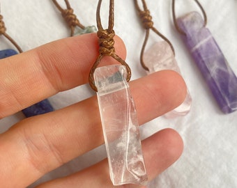 Raw natural Clear quartz crystal shard necklace. High grade crystal pendant with adjustable brown drawstring cord.