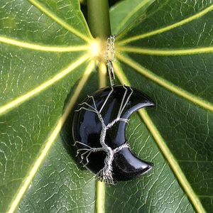 Handmade Obsidian Moon Necklace: Wire-Wrapped Crystal, Stainless Steel Chain