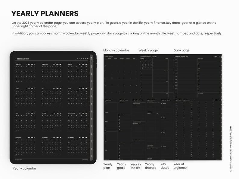 2023 Digital Planner Dark Mode Planner 2023 Portrait Etsy