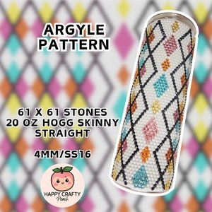 May include: A white 20 ounce skinny straight tumbler with an argyle pattern made with 61 x 61 stones. The pattern is made with black, orange, pink, yellow, and blue rhinestones. The tumbler is 4mm/SS16.