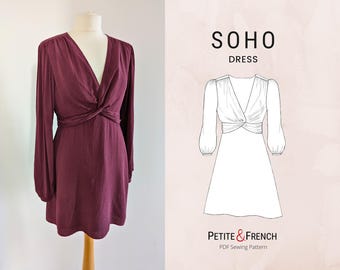 Patrón de costura para vestido Soho con frente retorcido / Patrón digital en PDF imprimible / Descarga instantánea