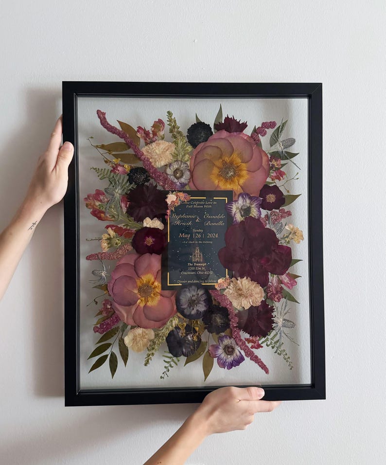 Pressed Bridal Bouquet with Invitation | Preserved Wedding Bouquet | Framed Wedding Flowers | Bouquet Keepsake | Bridal Bouquet Preservation