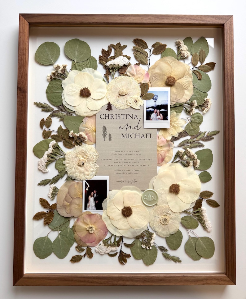 Pressed Bridal Bouquet with Invitation | Preserved Wedding Bouquet | Framed Wedding Flowers | Bouquet Keepsake | Bridal Bouquet Preservation image 2