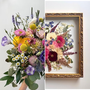 May include: A split view showing a fresh floral bouquet on the left and a pressed flower arrangement in a gold ornate frame on the right. The bouquet features yellow billy balls, pink chrysanthemums, purple lisianthus, and white daisies.