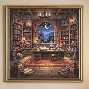 Patrón de punto de cruz de la Biblioteca del Alquimista / Estudio de fantasía con un mago en pixel art (Descarga en PDF)