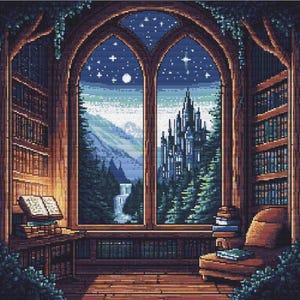 Library of Dreams - Fantasy Castle Library Cross Stitch Pattern | Expert Level (PDF)