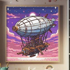 スチームパンクなスカイシップのクロスステッチパターン | 高度なファンタジー飛行船デザイン | 詳細な刺繍PDF | デジタルダウンロード