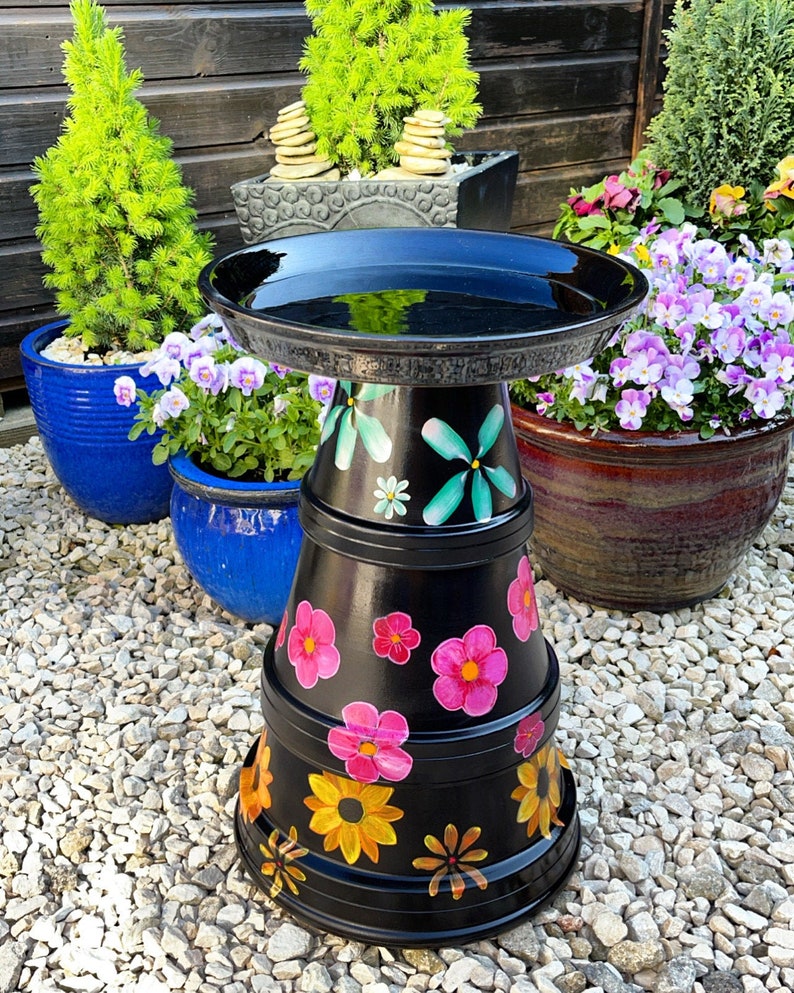 Hand Painted Bird Bath Terracotta Pots Flowers Unique Etsy