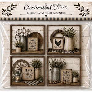May include: A set of four square magnets in a clear plastic package labeled CreationsbyCC9926 RUSTIC FARMHOUSE MAGNETS. Each magnet features a framed scene with farmhouse decor, including cotton stems, a chicken, a lantern, and text signs.