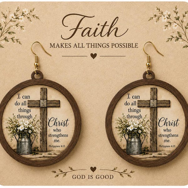 Inspirational Cross Earrings | Philippians 4:13 Faith Jewelry, Rustic Farmhouse Style