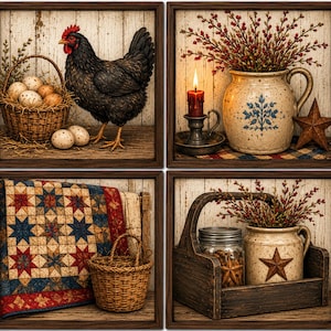 May include: A set of four framed wall art prints featuring a black chicken with a wicker basket of eggs, a ceramic pitcher with red berries and a lit candle, a star-patterned quilt with a basket, and a wooden caddy with a jar and pitcher.