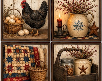 Può includere: Un set di quattro stampe artistiche da parete incorniciate raffiguranti una gallina nera con un cesto di uova, una brocca in ceramica con bacche rosse e una candela accesa, una trapunta a motivi stellati con cesto e un contenitore.