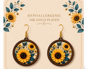 Sunflower lightweight Wooden Round Earrings 1.75”boho style