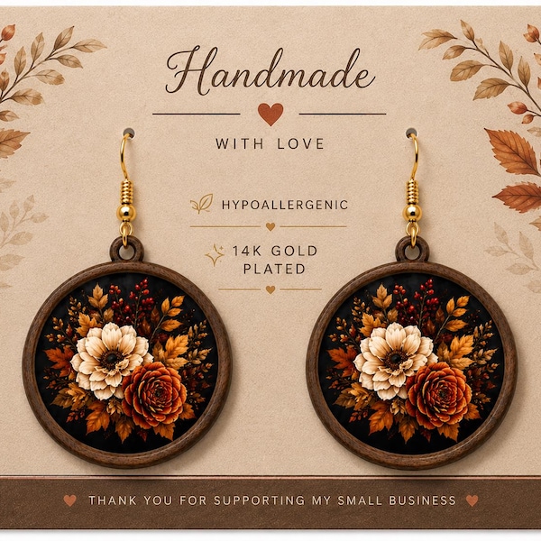 Autumn Floral Wooden Earrings | Walnut Stain, 14K Gold Plated Hooks, Boho Fall Jewelry