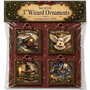 May include: Set of four 3-inch Wizard Ornaments. Each ornament features a different fantasy scene, including a train, an owl with a letter, a stack of books, and a castle. The ornaments are square-shaped with a decorative border and a red ribbon for hanging.