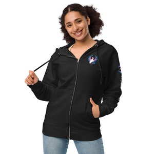 May include: Black zip-up hoodie with a white phoenix design on the chest and a blue and pink phoenix design on the sleeve. The phoenix design has a blue and pink gradient.