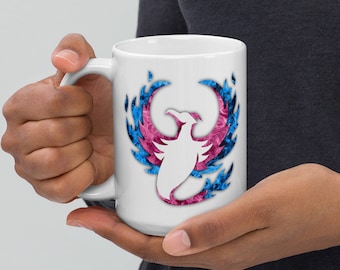 Trans pride phoenix White glossy mug - transgender pheonix flame