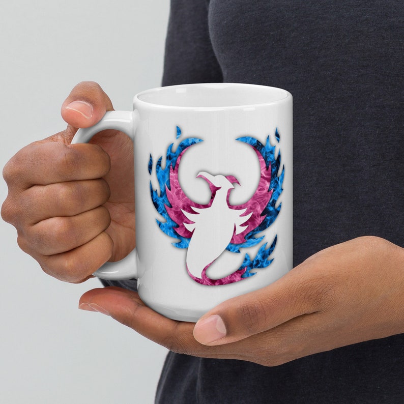 Trans pride phoenix White glossy mug - transgender pheonix flame