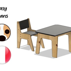 Pode incluir: Um conjunto de mesa e cadeira de madeira para crianças. A mesa tem um tampo cinza e a cadeira tem um assento preto. O conjunto é feito de contraplacado e é projetado para uma montagem fácil.