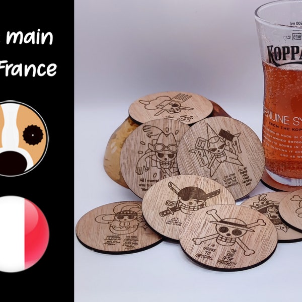 Sous-verre en bois One Piece - Lot de 9 - Cadeau idéal pour fan de One Piece - Envois rapide